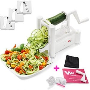 WonderVeg - Spiral Vegetable Slicer - Veggie Spiralizer - Zucchini Spaghetti Pasta Noodle Maker - Cleaning Brush, Mini Recipe Book, 6 Spare Parts Included