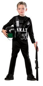 S.W.A.T. Kid Halloween Costume Kids S.W.A.T. Halloween Costume Go up a size when ordering this costume because the sizing does run a bit small. You will get a jumpsuit with a helmet and boot tops, as well as a decorated vest top with accessories like plastic handcuffs, flashlight and phone, and binoculars, grenade and badge toys. This is a great outfit because it comes with so many accessories which are all attached to the vest with Velcro. Make sure you attach everything well when dressing your child in this S.W.A.T. team costume, else some of the accessories might come loose. This one is made of a good quality material, and it will not fall apart the first time your son wears it, unlike some other cute kid Halloween costumes, so if this is something you think he would like, it is a recommended buy.