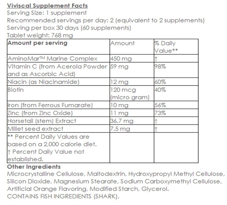 Viviscal Hair Growth Vitamin Supplement Facts